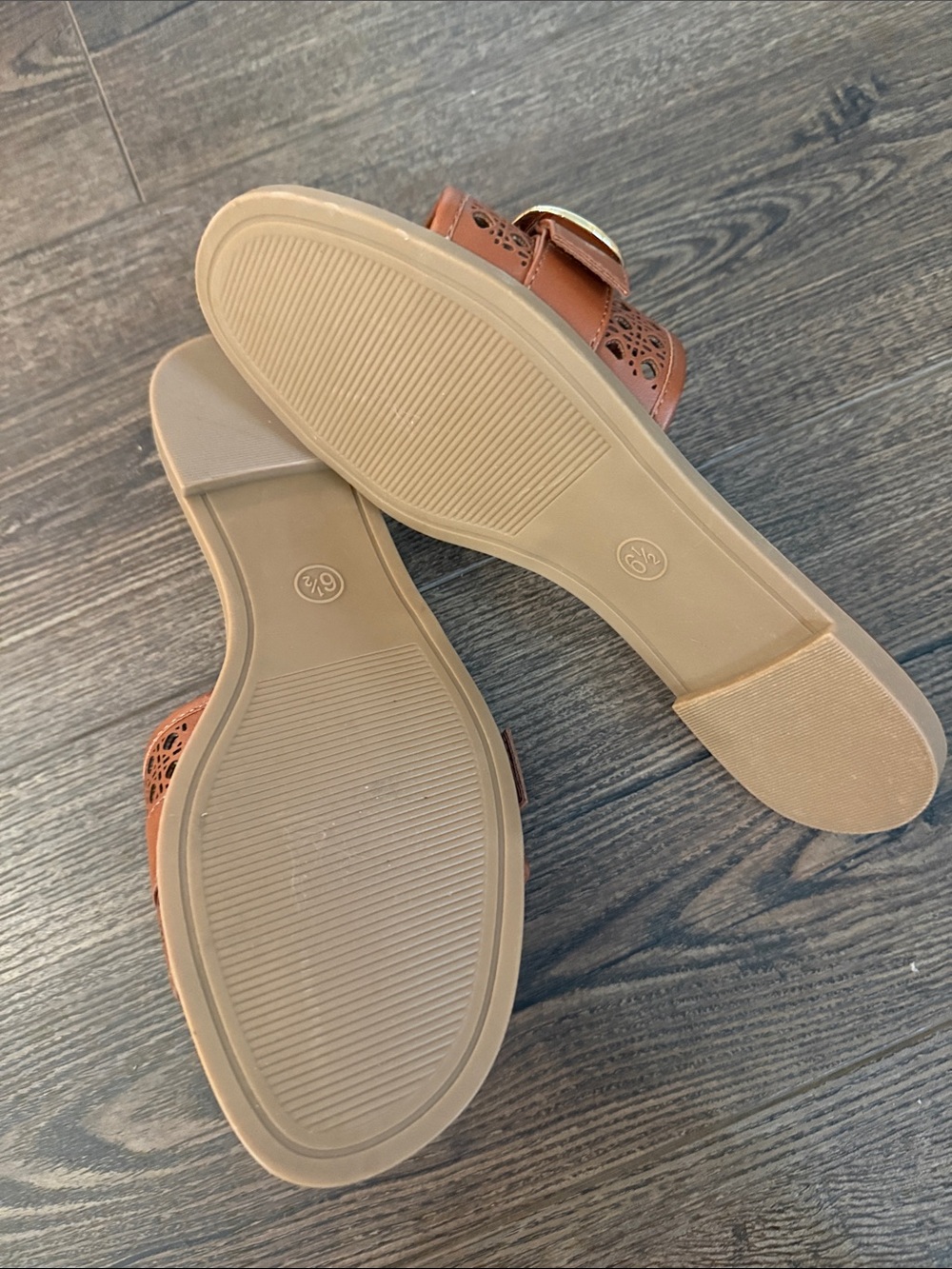 a new day NWOT Cognac Brown Slide Sandals with Gold Buckle 6 1/2 - Picture 6 of 7